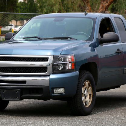 2007-2013 Chevrolet Silverado 1500/ 2007-2014 Silverado 2500HD 3500HD Dual Halo Projector w/ LED Light Bar Headlights (Matte Black Housing/Clear Lens)