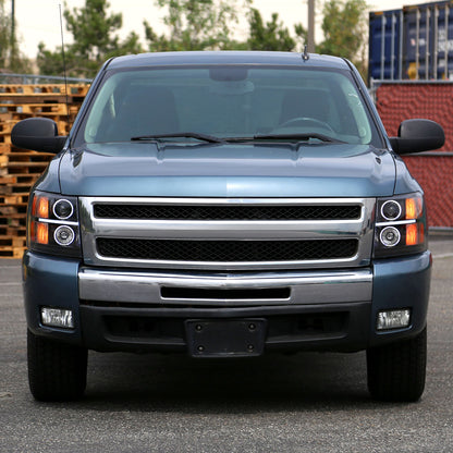 2007-2013 Chevrolet Silverado 1500/ 2007-2014 Silverado 2500HD 3500HD Dual Halo Projector w/ LED Light Bar Headlights (Matte Black Housing/Clear Lens)