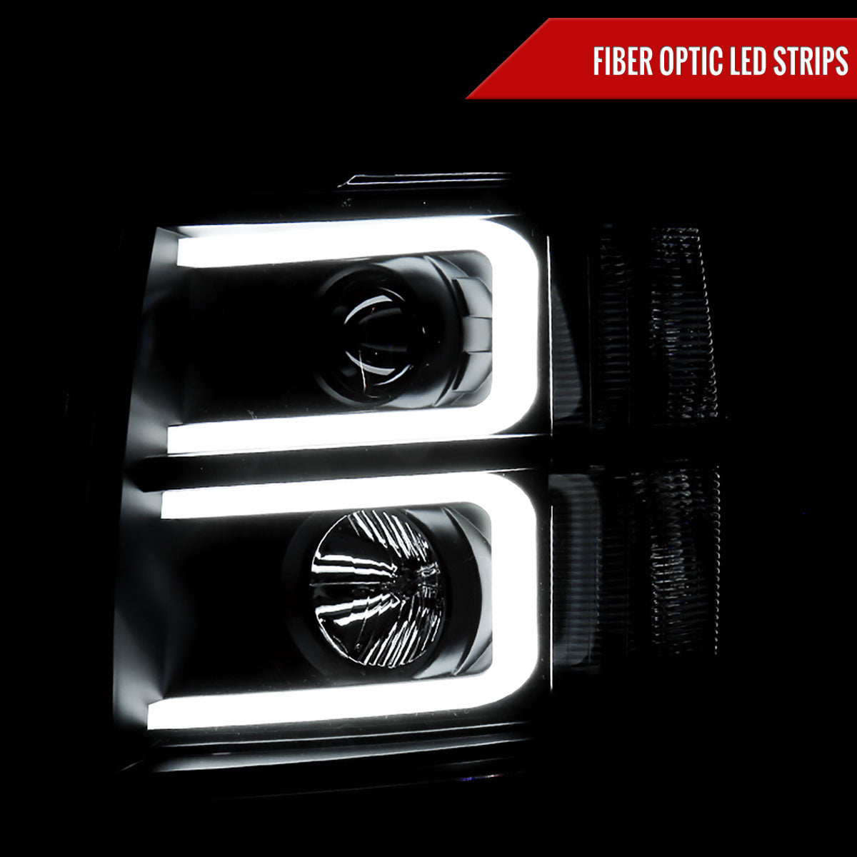 2007-2013 Chevrolet Silverado 1500/ 2007-2014 Silverado 2500HD 3500HD Dual LED C-Bar Projector Headlights (Black Housing/Smoked Lens)