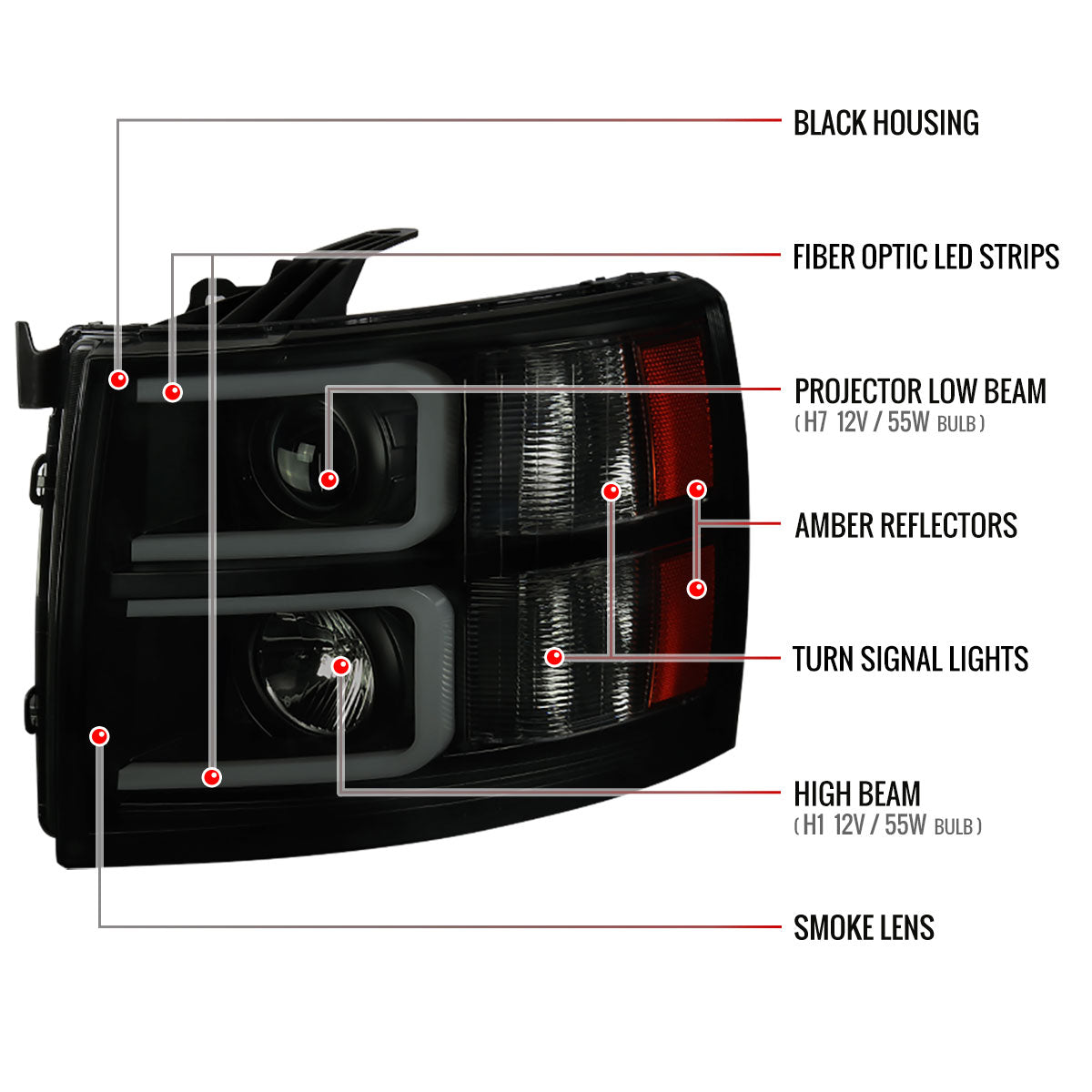 2007-2013 Chevrolet Silverado 1500/ 2007-2014 Silverado 2500HD 3500HD Dual LED C-Bar Projector Headlights (Black Housing/Smoked Lens)