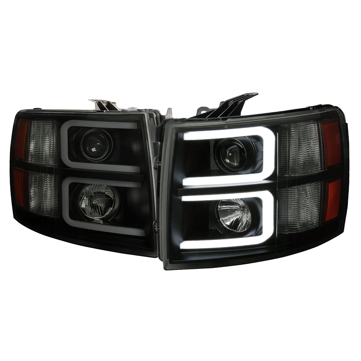 2007-2013 Chevrolet Silverado 1500/ 2007-2014 Silverado 2500HD 3500HD Dual LED C-Bar Projector Headlights (Black Housing/Smoked Lens)