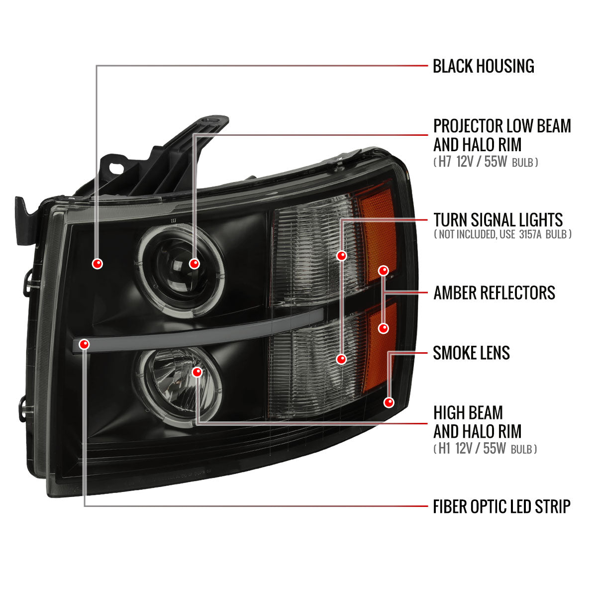 2007-2013 Chevrolet Silverado 1500 2500 3500 LED Strip Dual Halo Projector Headlights (Matte Black Housing/Smoked Lens)