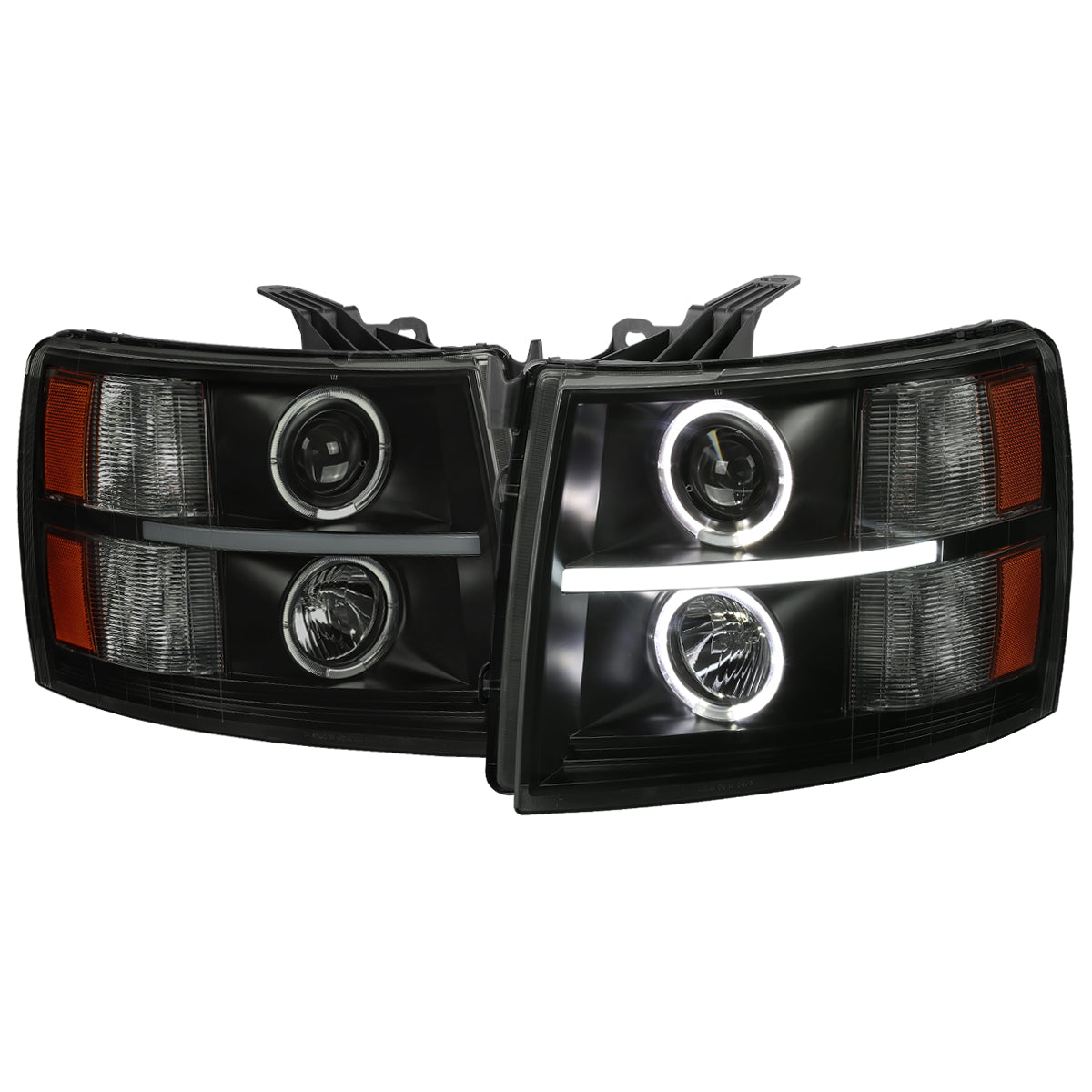 2007-2013 Chevrolet Silverado 1500 2500 3500 LED Strip Dual Halo Projector Headlights (Matte Black Housing/Smoked Lens)