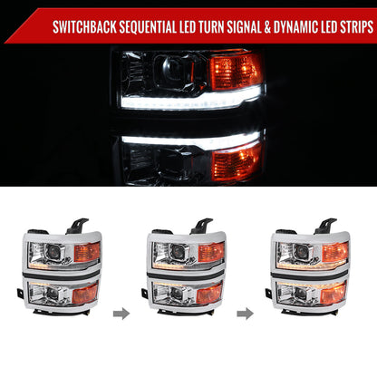 2014-2015 Chevrolet Silverado 1500 Switchback Sequential LED Bar Projector Headlights (Chrome Housing/Clear Lens)