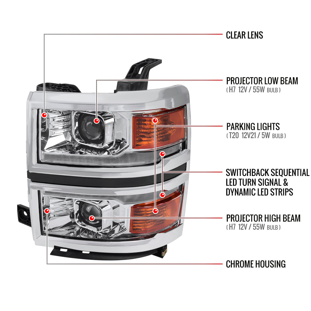 2014-2015 Chevrolet Silverado 1500 Switchback Sequential LED Bar Projector Headlights (Chrome Housing/Clear Lens)