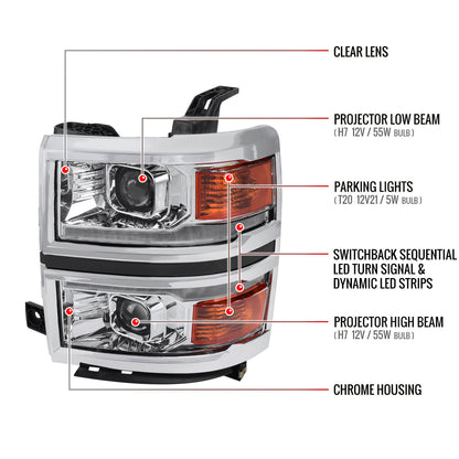 2014-2015 Chevrolet Silverado 1500 Switchback Sequential LED Bar Projector Headlights (Chrome Housing/Clear Lens)