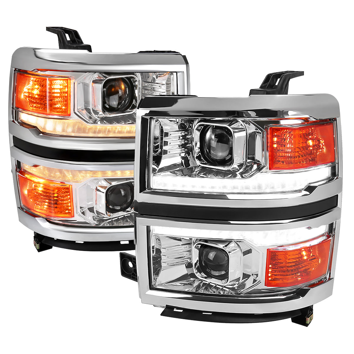 2014-2015 Chevrolet Silverado 1500 Switchback Sequential LED Bar Projector Headlights (Chrome Housing/Clear Lens)