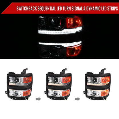 2014-2015 Chevrolet Silverado 1500 Switchback Sequential LED Bar Projector Headlights (Chrome Housing/Clear Lens/Black Trim)