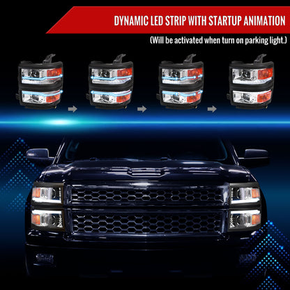 2014-2015 Chevrolet Silverado 1500 Switchback Sequential LED Bar Projector Headlights (Chrome Housing/Clear Lens/Black Trim)