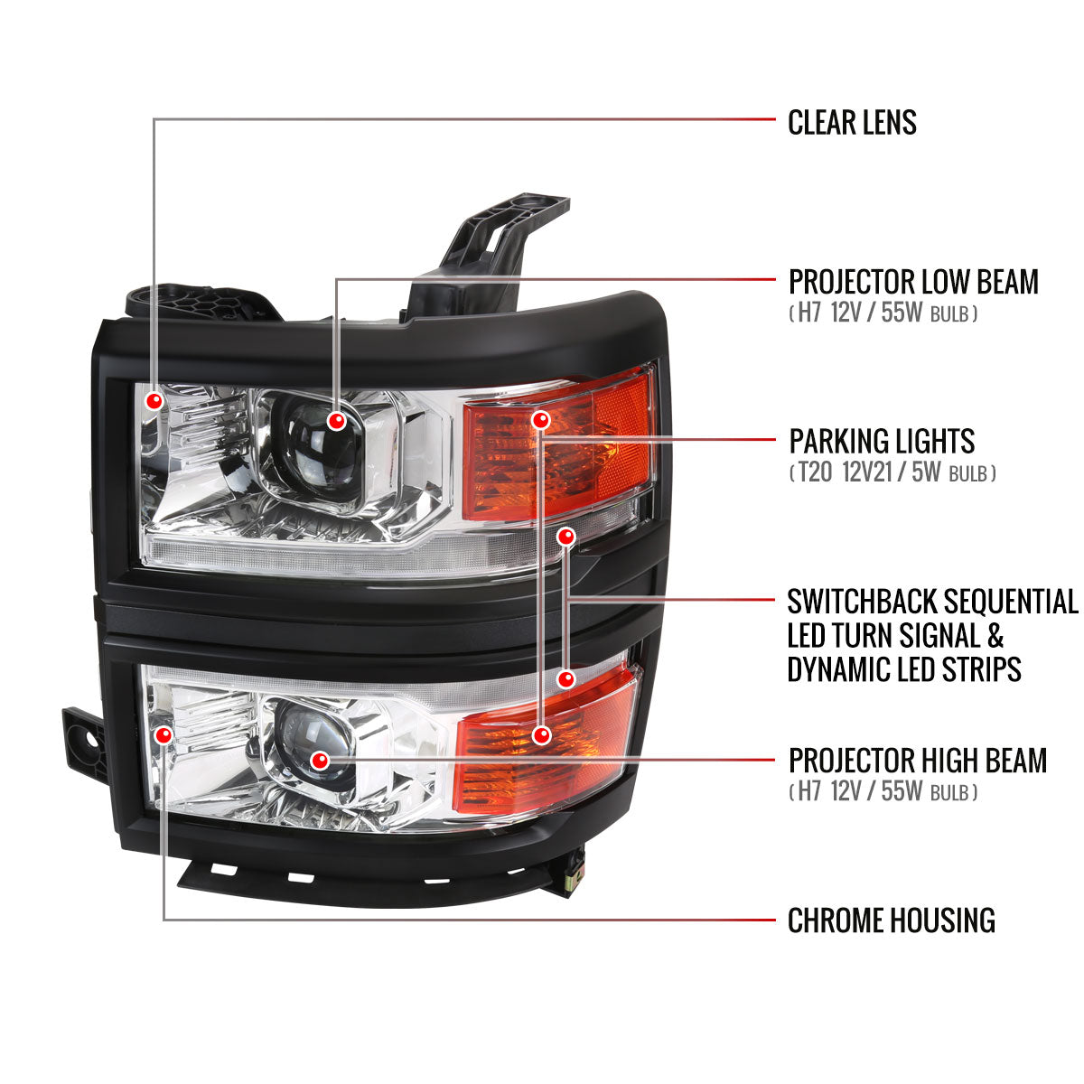 2014-2015 Chevrolet Silverado 1500 Switchback Sequential LED Bar Projector Headlights (Chrome Housing/Clear Lens/Black Trim)