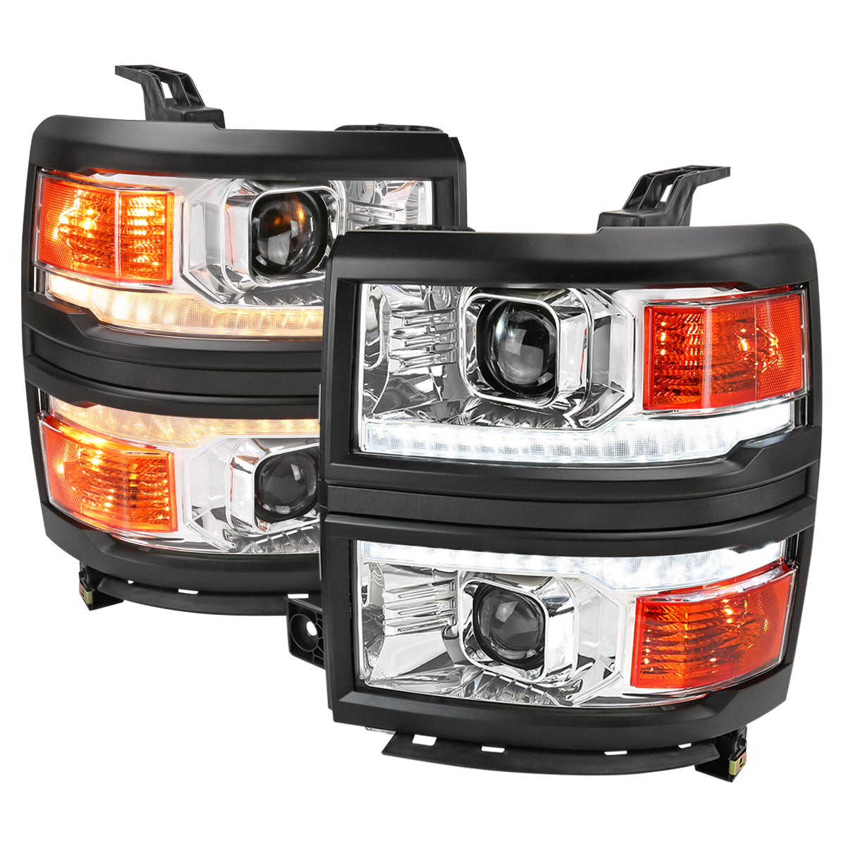 2014-2015 Chevrolet Silverado 1500 Switchback Sequential LED Bar Projector Headlights (Chrome Housing/Clear Lens/Black Trim)