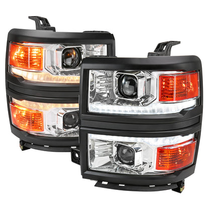 2014-2015 Chevrolet Silverado 1500 Switchback Sequential LED Bar Projector Headlights (Chrome Housing/Clear Lens/Black Trim)