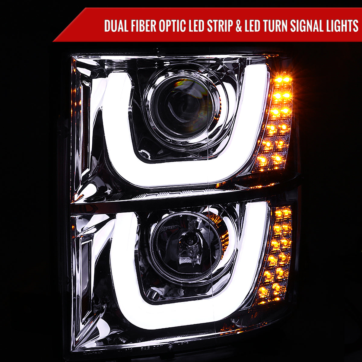 2014-2015 Chevrolet Silverado 1500 Dual LED U-Bar Projector Headlights w/ LED Turn Signal Lights (Chrome Housing/Clear Lens)
