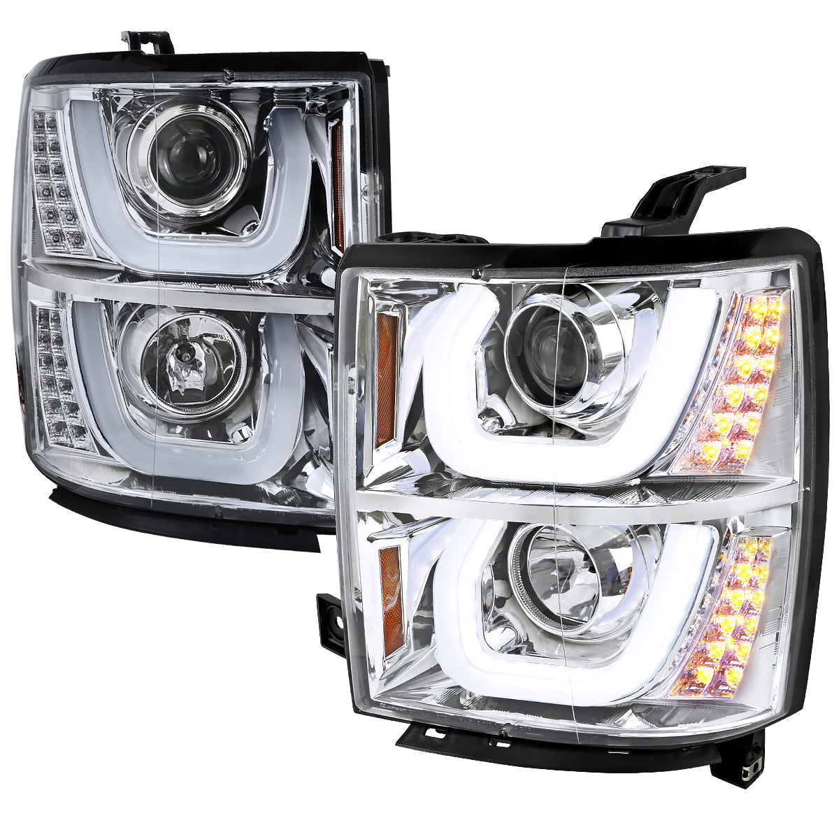 2014-2015 Chevrolet Silverado 1500 Dual LED U-Bar Projector Headlights w/ LED Turn Signal Lights (Chrome Housing/Clear Lens)