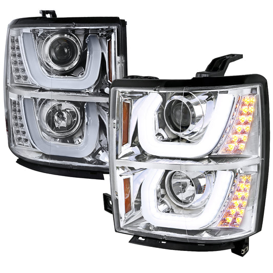 2014-2015 Chevrolet Silverado 1500 Dual LED U-Bar Projector Headlights w/ LED Turn Signal Lights (Chrome Housing/Clear Lens)