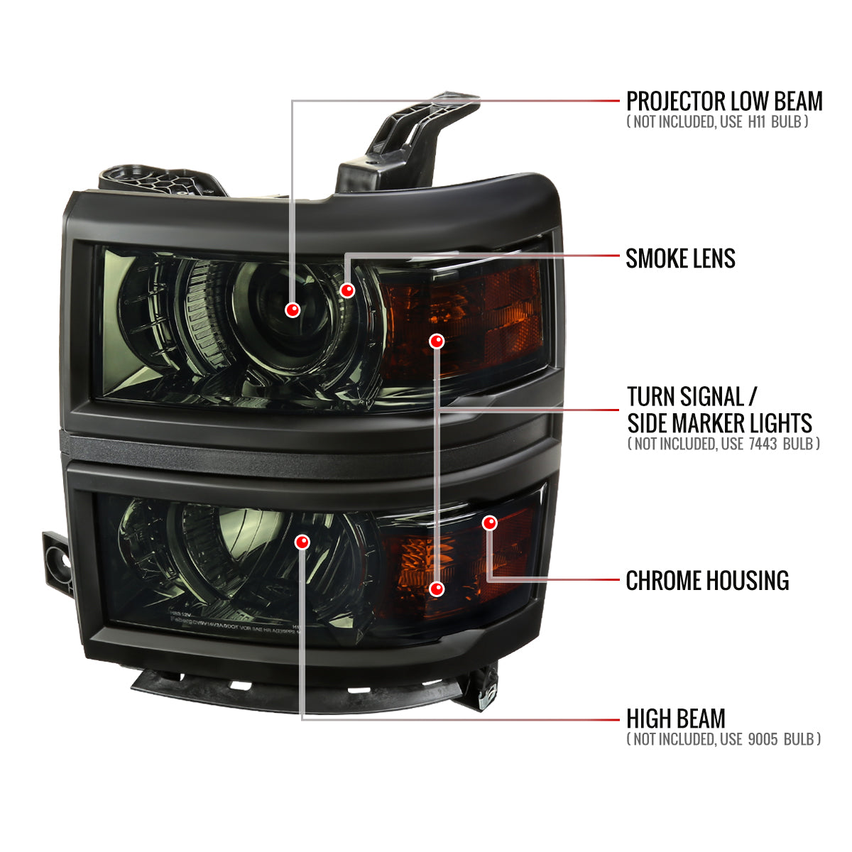 2014-2015 Chevrolet Silverado 1500 Projector Headlights (Chrome Housing/Smoked Lens/Black Trim)