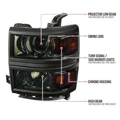 2014-2015 Chevrolet Silverado 1500 Projector Headlights (Chrome Housing/Smoked Lens/Black Trim)