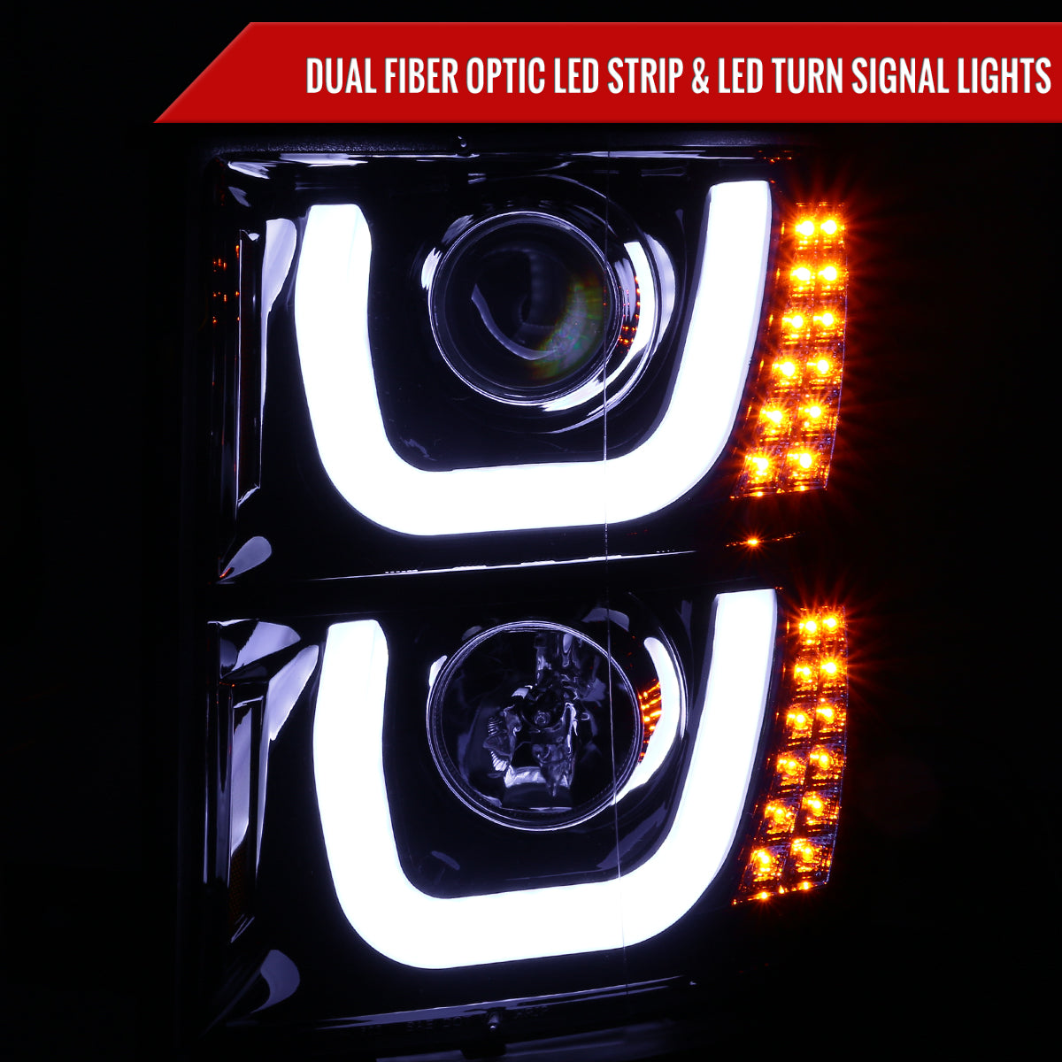 2014-2015 Chevrolet Silverado 1500 LED U-Bar Projector Headlights w/ LED Turn Signal Lights (Glossy Black Housing/Smoked Lens)
