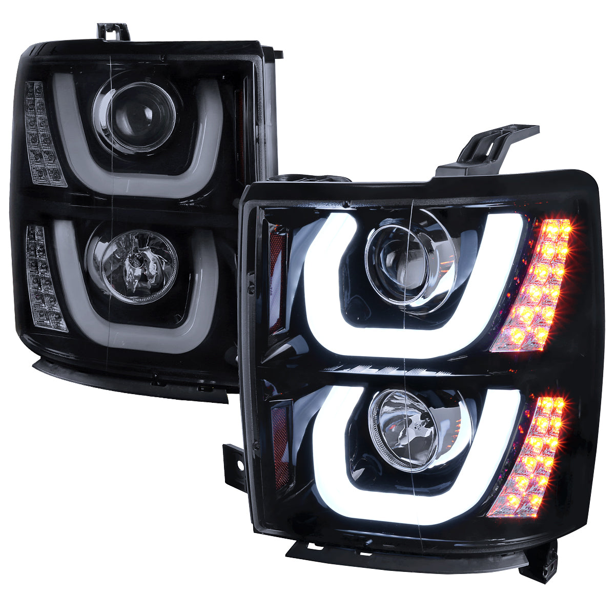 2014-2015 Chevrolet Silverado 1500 LED U-Bar Projector Headlights w/ LED Turn Signal Lights (Glossy Black Housing/Smoked Lens)