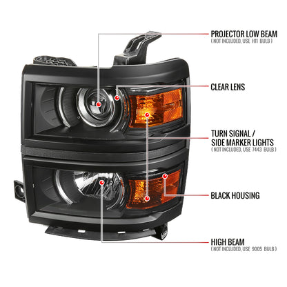 2014-2015 Chevrolet Silverado 1500 Projector Headlights (Matte Black Housing/Clear Lens)