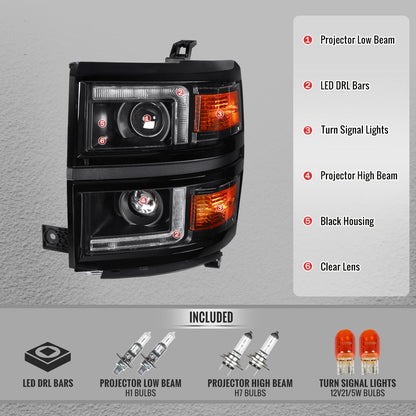 2014-2015 Chevrolet Silverado 1500 Projector Headlights w/ LED DRL (Matte Black Housing / Black Trim / Clear Lens)