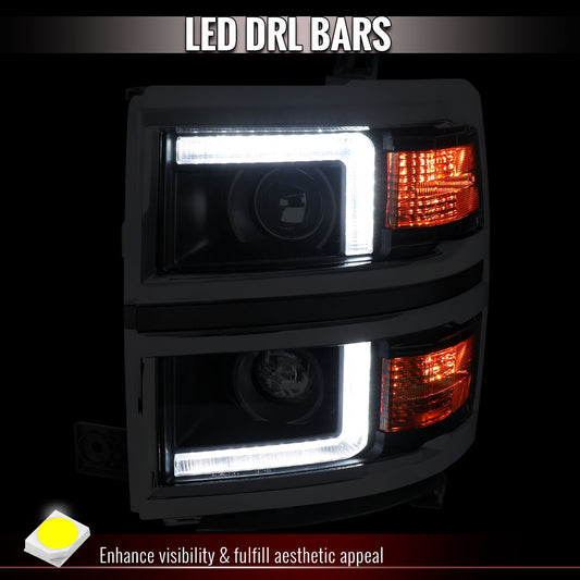 2014-2015 Chevrolet Silverado 1500 Projector Headlights w/ LED DRL (Matte Black Housing / Chrome Trim / Clear Lens)
