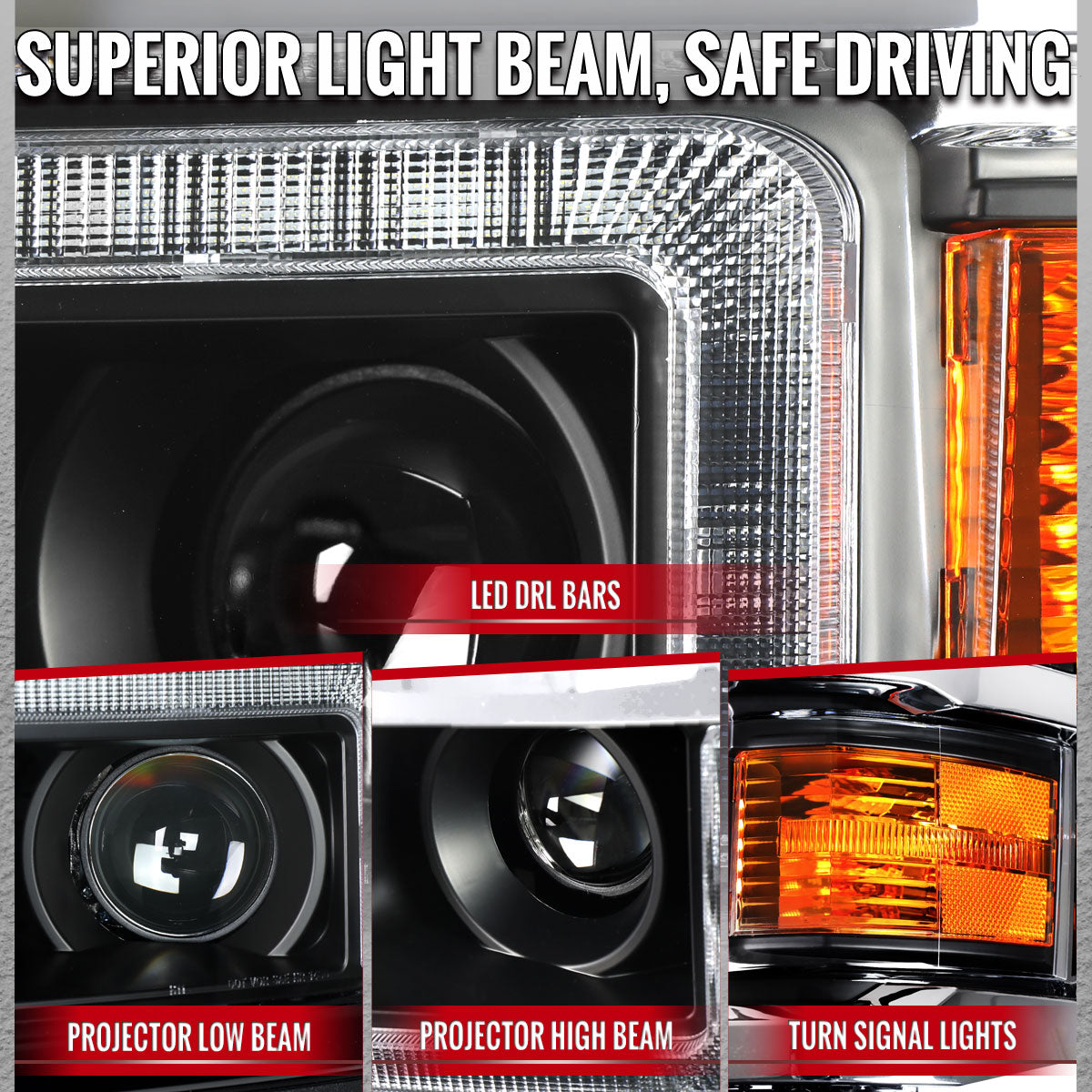 2014-2015 Chevrolet Silverado 1500 Projector Headlights w/ LED DRL (Matte Black Housing / Chrome Trim / Clear Lens)