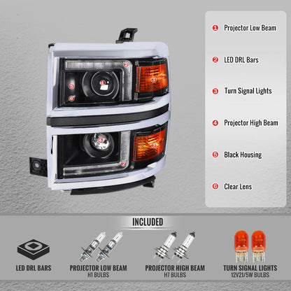 2014-2015 Chevrolet Silverado 1500 Projector Headlights w/ LED DRL (Matte Black Housing / Chrome Trim / Clear Lens)