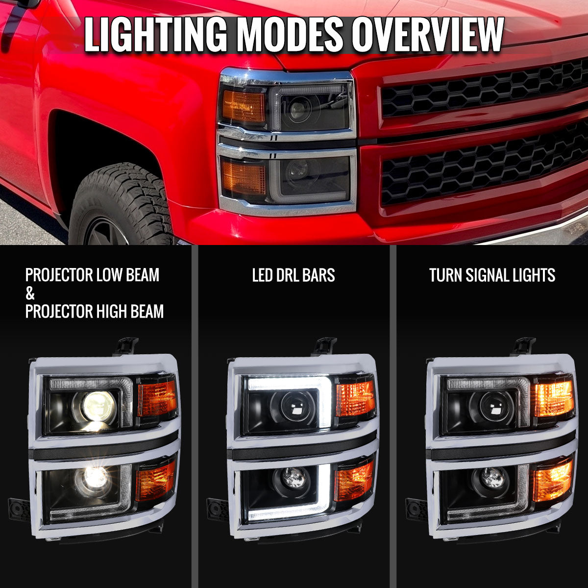 2014-2015 Chevrolet Silverado 1500 Projector Headlights w/ LED DRL (Matte Black Housing / Chrome Trim / Clear Lens)