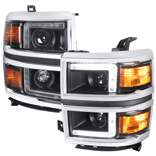2014-2015 Chevrolet Silverado 1500 Projector Headlights w/ LED DRL (Matte Black Housing / Chrome Trim / Clear Lens)