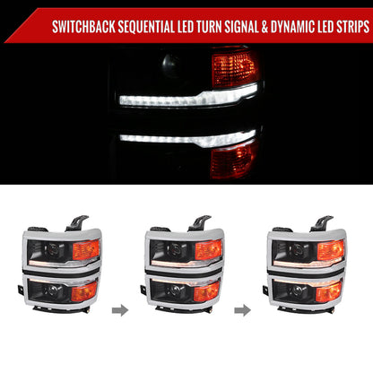 2014-2015 Chevrolet Silverado 1500 Switchback Sequential LED Bar Projector Headlights (Matte Black Housing/Clear Lens/Chrome Trim)