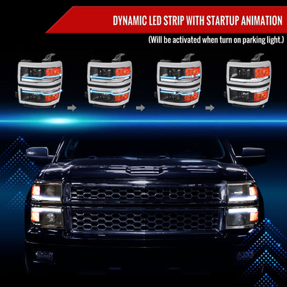 2014-2015 Chevrolet Silverado 1500 Switchback Sequential LED Bar Projector Headlights (Matte Black Housing/Clear Lens/Chrome Trim)
