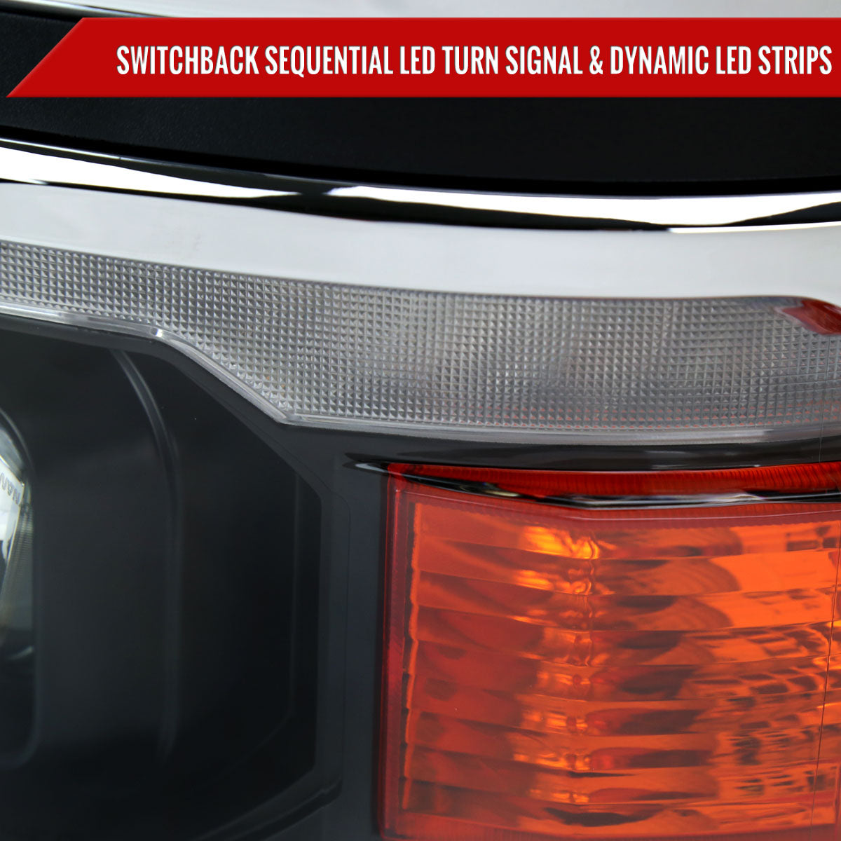 2014-2015 Chevrolet Silverado 1500 Switchback Sequential LED Bar Projector Headlights (Matte Black Housing/Clear Lens/Chrome Trim)