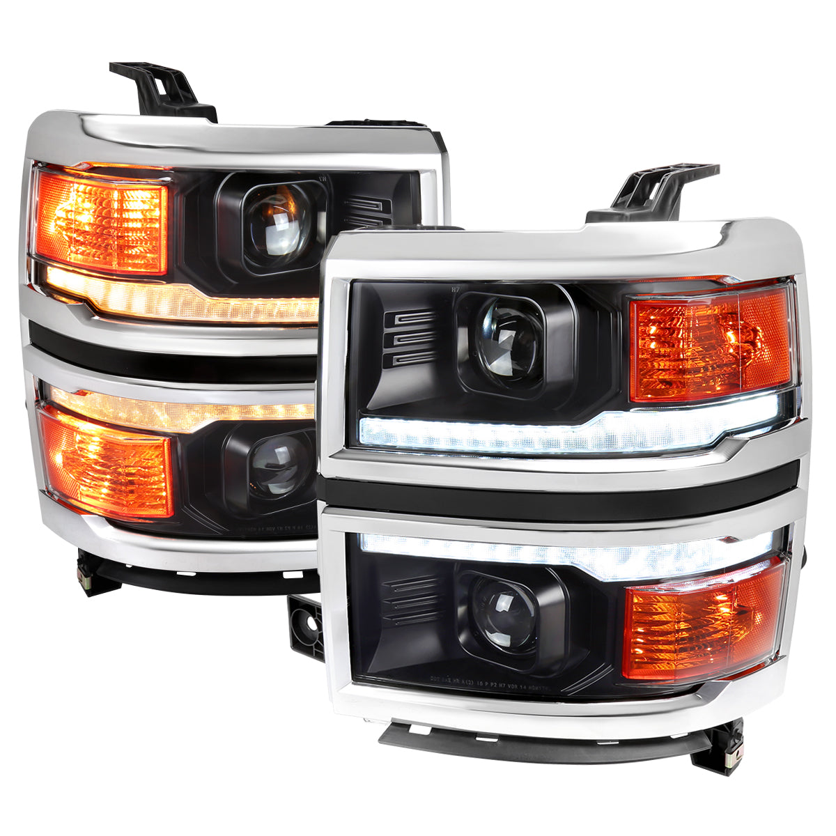 2014-2015 Chevrolet Silverado 1500 Switchback Sequential LED Bar Projector Headlights (Matte Black Housing/Clear Lens/Chrome Trim)