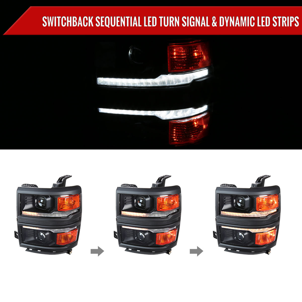 2014-2015 Chevrolet Silverado 1500 Switchback Sequential LED Bar Projector Headlights (Matte Black Housing/Clear Lens/Black Trim)