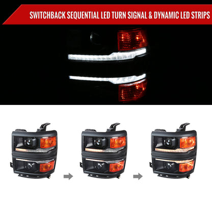 2014-2015 Chevrolet Silverado 1500 Switchback Sequential LED Bar Projector Headlights (Matte Black Housing/Clear Lens/Black Trim)