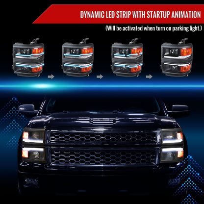 2014-2015 Chevrolet Silverado 1500 Switchback Sequential LED Bar Projector Headlights (Matte Black Housing/Clear Lens/Black Trim)