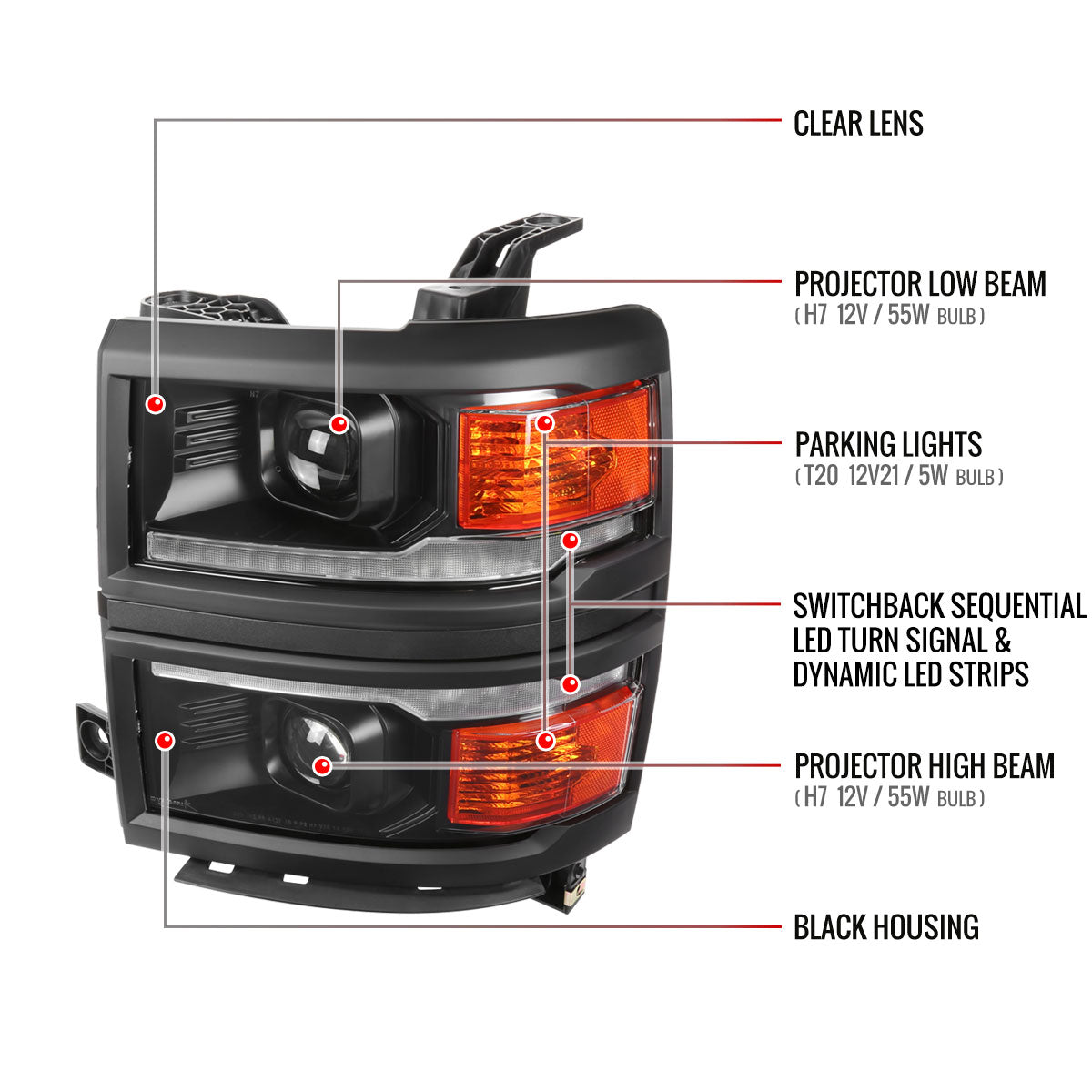 2014-2015 Chevrolet Silverado 1500 Switchback Sequential LED Bar Projector Headlights (Matte Black Housing/Clear Lens/Black Trim)