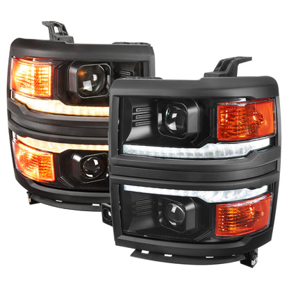2014-2015 Chevrolet Silverado 1500 Switchback Sequential LED Bar Projector Headlights (Matte Black Housing/Clear Lens/Black Trim)