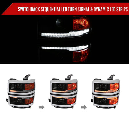 2014-2015 Chevrolet Silverado 1500 Switchback Sequential LED Bar Projector Headlights (Matte Black Housing/Smoked Lens/Chrome Trim)