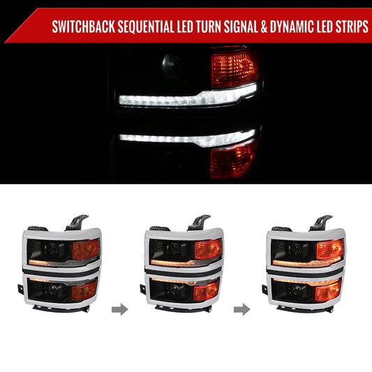 2014-2015 Chevrolet Silverado 1500 Switchback Sequential LED Bar Projector Headlights (Matte Black Housing/Smoked Lens/Chrome Trim)