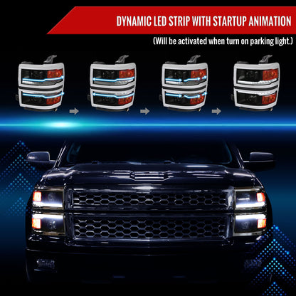 2014-2015 Chevrolet Silverado 1500 Switchback Sequential LED Bar Projector Headlights (Matte Black Housing/Smoked Lens/Chrome Trim)