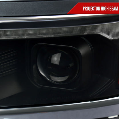 2014-2015 Chevrolet Silverado 1500 Switchback Sequential LED Bar Projector Headlights (Matte Black Housing/Smoked Lens/Chrome Trim)