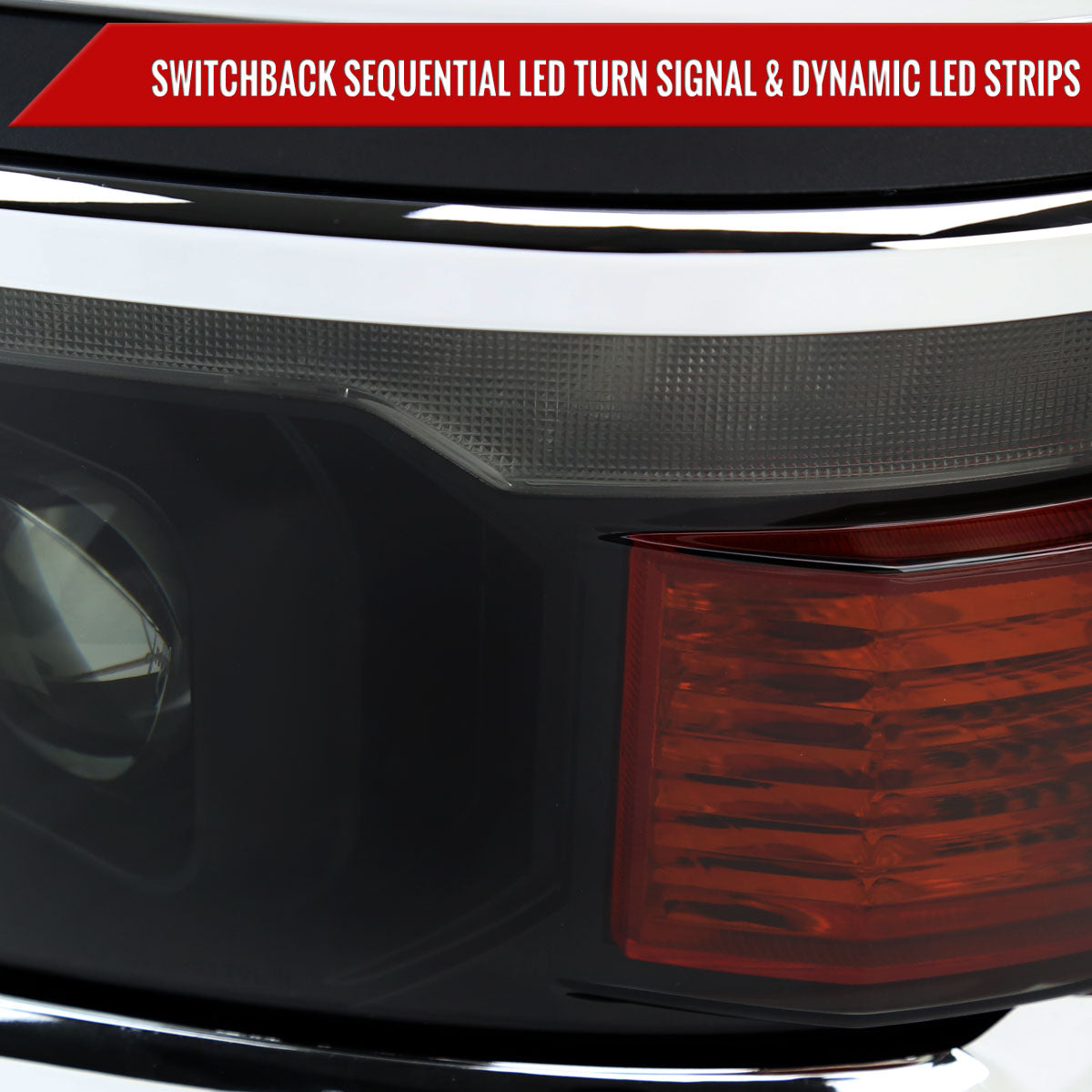 2014-2015 Chevrolet Silverado 1500 Switchback Sequential LED Bar Projector Headlights (Matte Black Housing/Smoked Lens/Chrome Trim)
