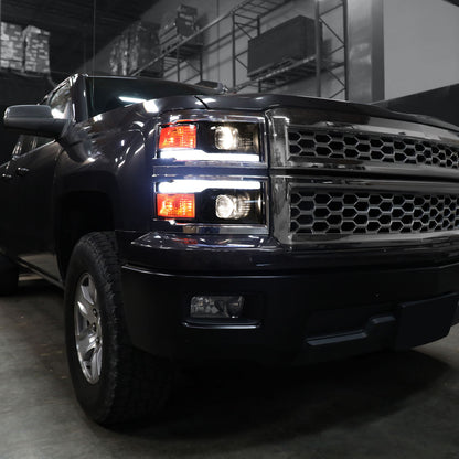 2014-2015 Chevrolet Silverado 1500 Switchback Sequential LED Bar Projector Headlights (Matte Black Housing/Smoked Lens/Chrome Trim)
