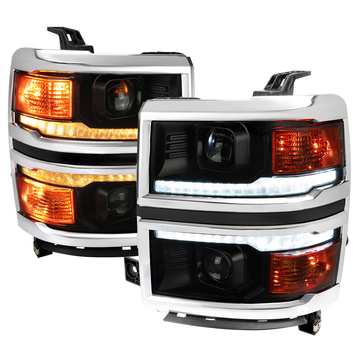2014-2015 Chevrolet Silverado 1500 Switchback Sequential LED Bar Projector Headlights (Matte Black Housing/Smoked Lens/Chrome Trim)