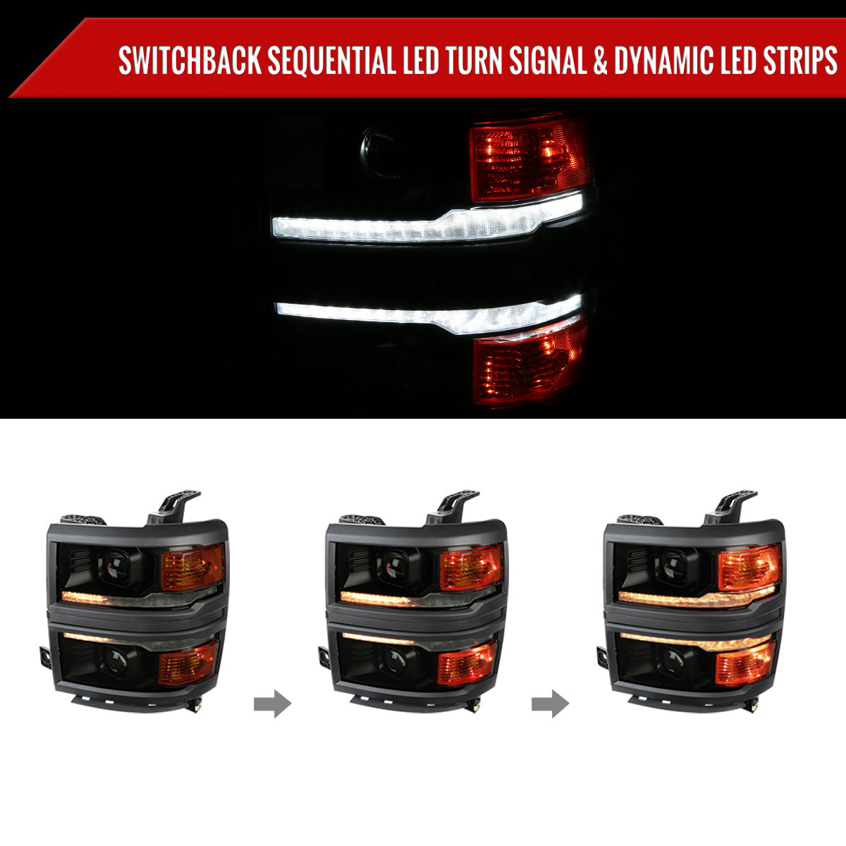 2014-2015 Chevrolet Silverado 1500 Switchback Sequential LED Bar Projector Headlights (Matte Black Housing/Smoked Lens/Black Trim)