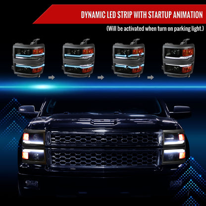 2014-2015 Chevrolet Silverado 1500 Switchback Sequential LED Bar Projector Headlights (Matte Black Housing/Smoked Lens/Black Trim)