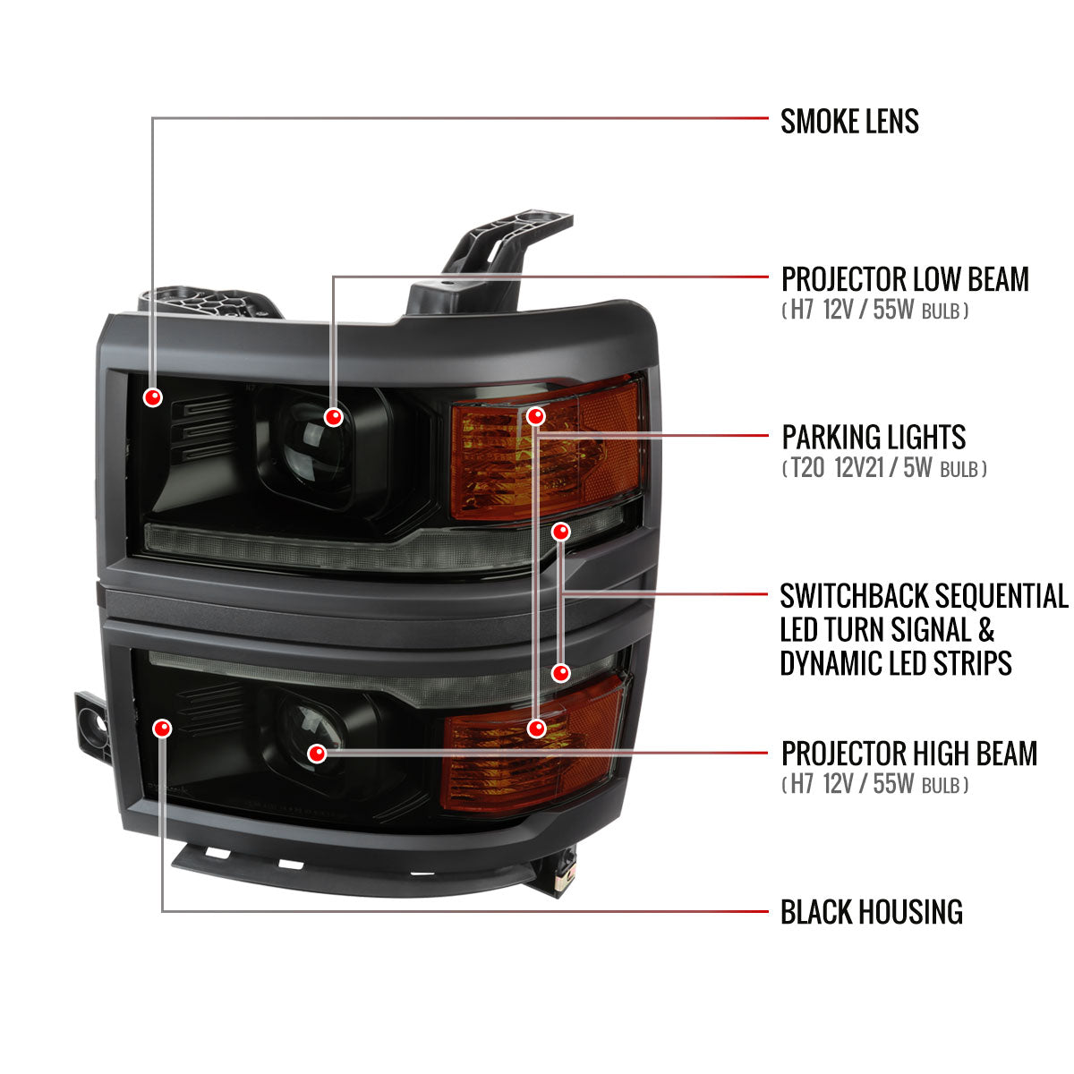 2014-2015 Chevrolet Silverado 1500 Switchback Sequential LED Bar Projector Headlights (Matte Black Housing/Smoked Lens/Black Trim)