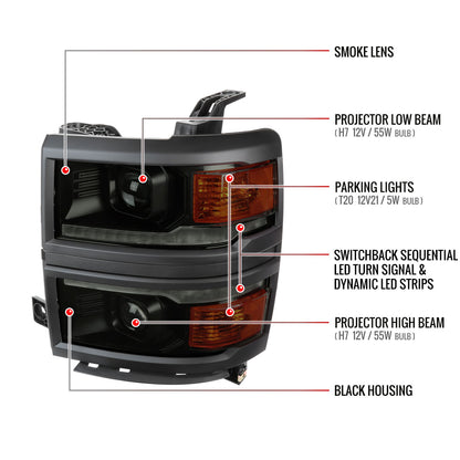 2014-2015 Chevrolet Silverado 1500 Switchback Sequential LED Bar Projector Headlights (Matte Black Housing/Smoked Lens/Black Trim)